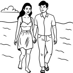 Beach couple walking on romantic travel honeymoon vacation summer holidays romance. Young happy lovers, Asian women and Caucasian men holding hands embracing outdoors
