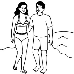 Beach couple walking on romantic travel honeymoon vacation summer holidays romance. Young happy lovers, Asian women and Caucasian men holding hands embracing outdoors