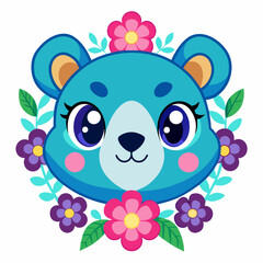 Blue wing Kawaii Ector bear head with superimposed flowers Ultra white background