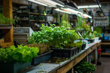 An aquaponics system combining fish farming and hydroponics, demonstrating sustainable food production.