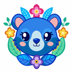 Blue wing Kawaii Ector bear head with superimposed flowers Ultra white background