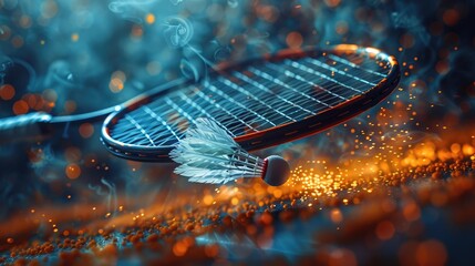 A badminton racket and shuttlecock with blue and orange glowing trails against a dark background.
