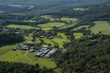 An aerial view of a seed bank's sprawling campus, surrounded by green fields and forests, emphasizing its role in environmental conservation.