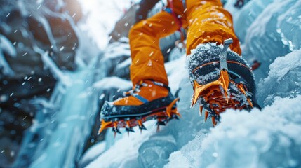 A close up of a man's crampons on his boots while ice climbing.