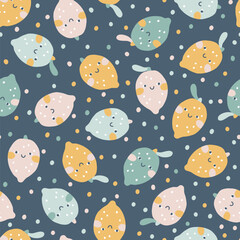 Lemons face seamless scattered pattern in pastel palette. Vector naive hand drawn illustration of cute characters on polka dot background. Ideal for baby textiles, wallpaper, fabric, scrapbooking