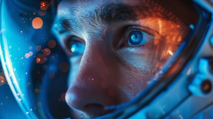 Vision of the Future: Close-Up of a Fluorescent Green Pupil in a Caucasian Man's Eye Behind a Blue Space Helmet Visor, Aerospace concepts