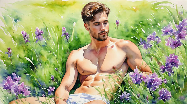 Athlete handsome men shirtless lying down in a green field with flowers blooming, watercolor painting style, generative AI.