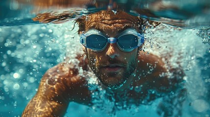 Naklejka premium A man is swimming underwater with his goggles on.