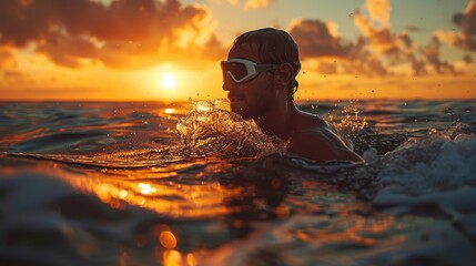A man swimming in the ocean at sunset. - obrazy, fototapety, plakaty