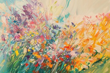 An abstract painting of wildflowers swaying in a colorful, impressionist style. - obrazy, fototapety, plakaty