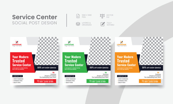 Service center social media post for tech, phone, desktop & car repair banner ads. Professional servicing center social media flyer layout design. Vol - 10