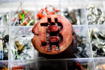 Symbol of bitcoin made of wood