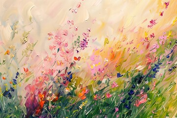 An abstract painting of wildflowers swaying in a colorful, impressionist style. - obrazy, fototapety, plakaty