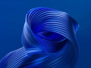 Sculptural blue ribbon forms on navy background. 3D abstract digital art with a focus on shape and form. Conceptual design for poster, banner, wallpaper.