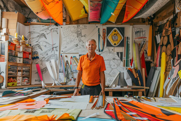 Artisan Crafting Vibrant Kite in Creative Workshop
