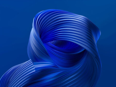 Sculptural blue ribbon forms on navy background. 3D abstract digital art with a focus on shape and form. Conceptual design for poster, banner, wallpaper.