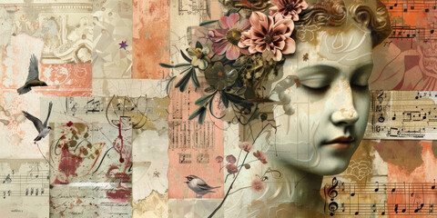Vintage Collage with Classical Bust, Music and Floral Elements - obrazy, fototapety, plakaty