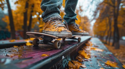 A skateboarder rides on a wooden fence in the fall. - Powered by Adobe