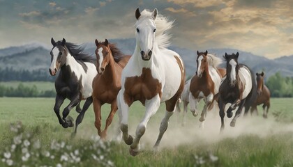 Obraz na płótnie Canvas Majestic Freedom: American Paint Horse Running in Herd (8K Realistic Landscape Photo)