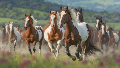 Majestic Freedom: American Paint Horse Running in Herd (8K Realistic Landscape Photo)