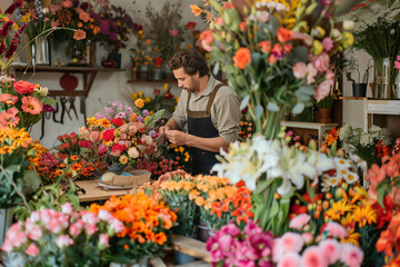 Florist in Natural Lit Studio Crafting Floral Arrangements
