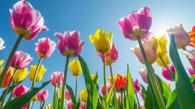 Vibrant Tulip Field in Spring, A vibrant field of tulips under a clear blue sky, showcasing the bright colors of spring