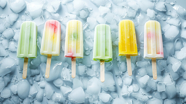 Colorful popsicles on a bed of ice cubes creating a refreshing summer image
