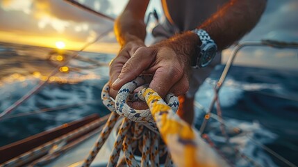 Close up of a man's hands tying a knot on a sailboat at sunset.