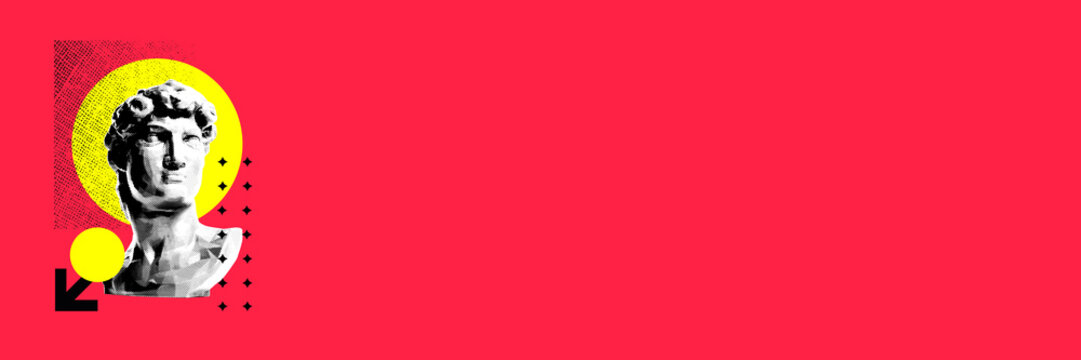 Banner. Classical sculpture with various geometric shapes against vibrant red background. Surreal style. Colorful splashes. Postmodernism. Concept of creativity, party, urban culture - Powered by Adobe