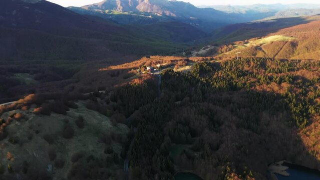 aerial view from the Cerreto pass at sunset. Ospedalaccio pass, Cerreto Laghi, Reggio Emilia, Emilia Romagna, Italy