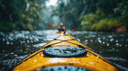kayaking down a river in the rain