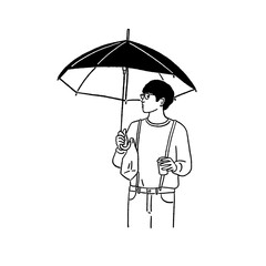 Man with coffee cup and umbrella People lifestyle in city Hand drawn line art illustration