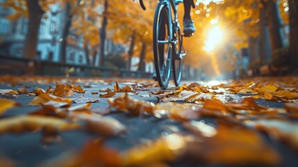 Low angle shot of a cyclist riding on a road covered with fallen leaves - obrazy, fototapety, plakaty