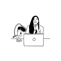 Woman in Studio Podcast Live streaming Microphone and computer Hand drawn Line art Illustration