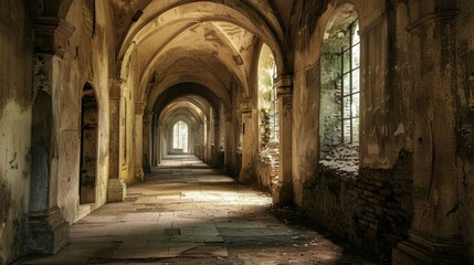 Obraz premium An image of a quiet hallway within an ancient abbey evoking a sense of peace and solitude. 2d flat cartoon.