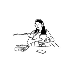 Woman with Headphones and Microphone Studio Live Podcast Recording Hand drawn Line art Illustration