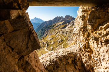 A view from the former military tunnels built during the Second World War near the Tre Cime di...