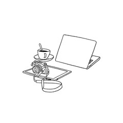 Workspace Table with Laptop computer camera and coffee Media Content creator lifestyle Hand drawn Line art Illustration