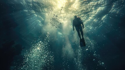 Scuba diver in deep blue water with sun rays shining through - obrazy, fototapety, plakaty