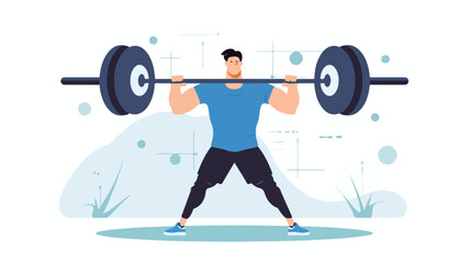 Man doing sports exercises with barbell. Vector flat