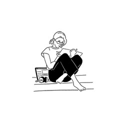 Woman writing Freelance job working with Laptop Digital no mad Lifestyle Hand drawn line art Illustration