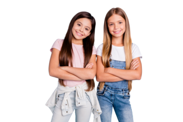 Portrait of nice-looking cute lovely sweet adorable well-groomed attractive cheerful cheery straight-haired brunette blonde girls siblings folded arms isolated over blue pastel background