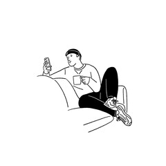Man holding Mobile phone with hot coffee sit on sofa People lifestyle at home Hand drawn line art illustration