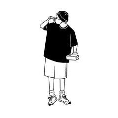Man drinking coffee holding Snack box City People lifestyle Hand drawn line art Illustration