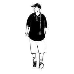 Young man walking Casual style oversize ธ shirt City People lifestyle Hand drawn Line art Illustration