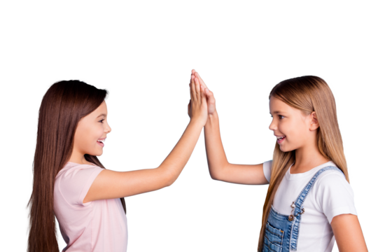 Profile side view portrait of nice-looking cute lovely sweet friendly cheerful straight-haired girls standing clapping palms good decision choice siblings isolated over blue pastel background - Powered by Adobe