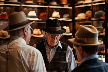 Gentlemen at a Traditional Hat Fitting in a Classic Hat Store