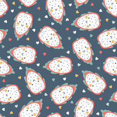 Dragon fruit character seamless pattern with smiley face fruit on a polka dot in hearts background. Hand-drawn cartoon doodle in simple naive style. Vector illustrations in a pastel palette for kids