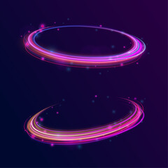 Curve light effect of blue line. Luminous blue circle. Colored neon ovals or circles for swirl shiny rings light effect. Glow luminous glitter shimmer trail. 