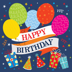 Birthday card design with colorful balloons  gifts and hats